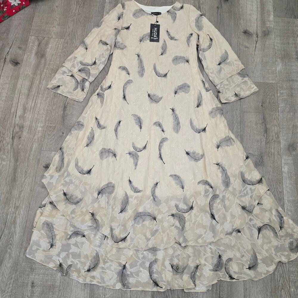 HUDA Feather Print Chiffon Maxi Dress 4 Modest Boho Tiered Beige Elegant Resort - Picture 2 of 12